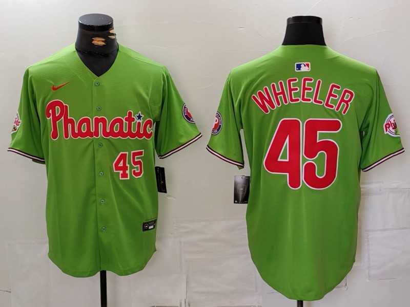 Mens Philadelphia Phillies #45 Zack Wheeler Number Green With Patch Stitched Cool Base Nike Jersey->philadelphia phillies->MLB Jersey
